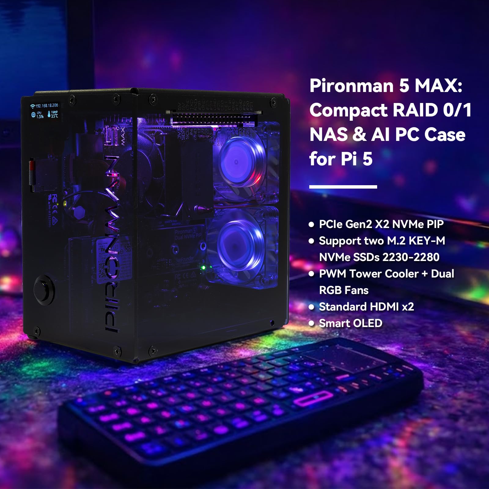 Caja de PC Pironman 5-MAX con  - Raspberry Pi Ai Kit Hailo-8L reseña y precio